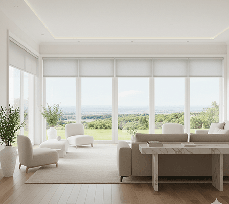 Modern living room with large windows overlooking a lush green landscape and distant ocean.