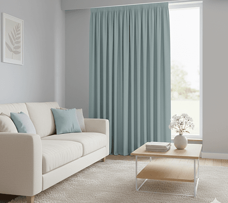 A cozy living room with a cream sofa, blue pillows, and light blue curtains.