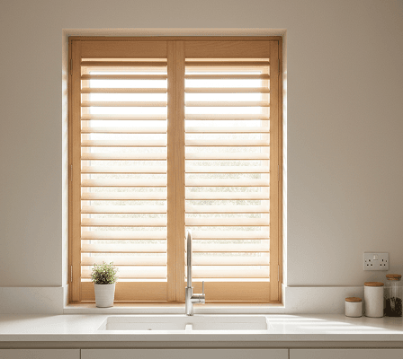 Modern kitchen window with light wood shutters above a white sink and faucet.