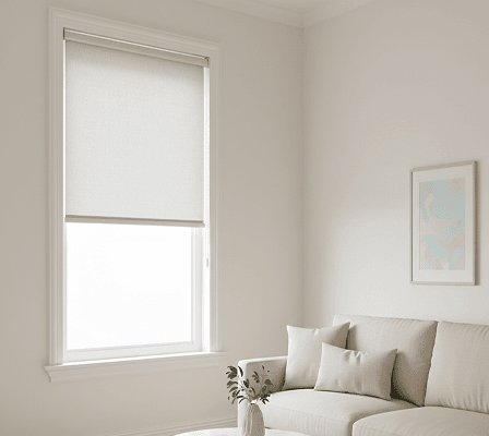 Light beige roller blind covering a window in a modern, neutral living room.