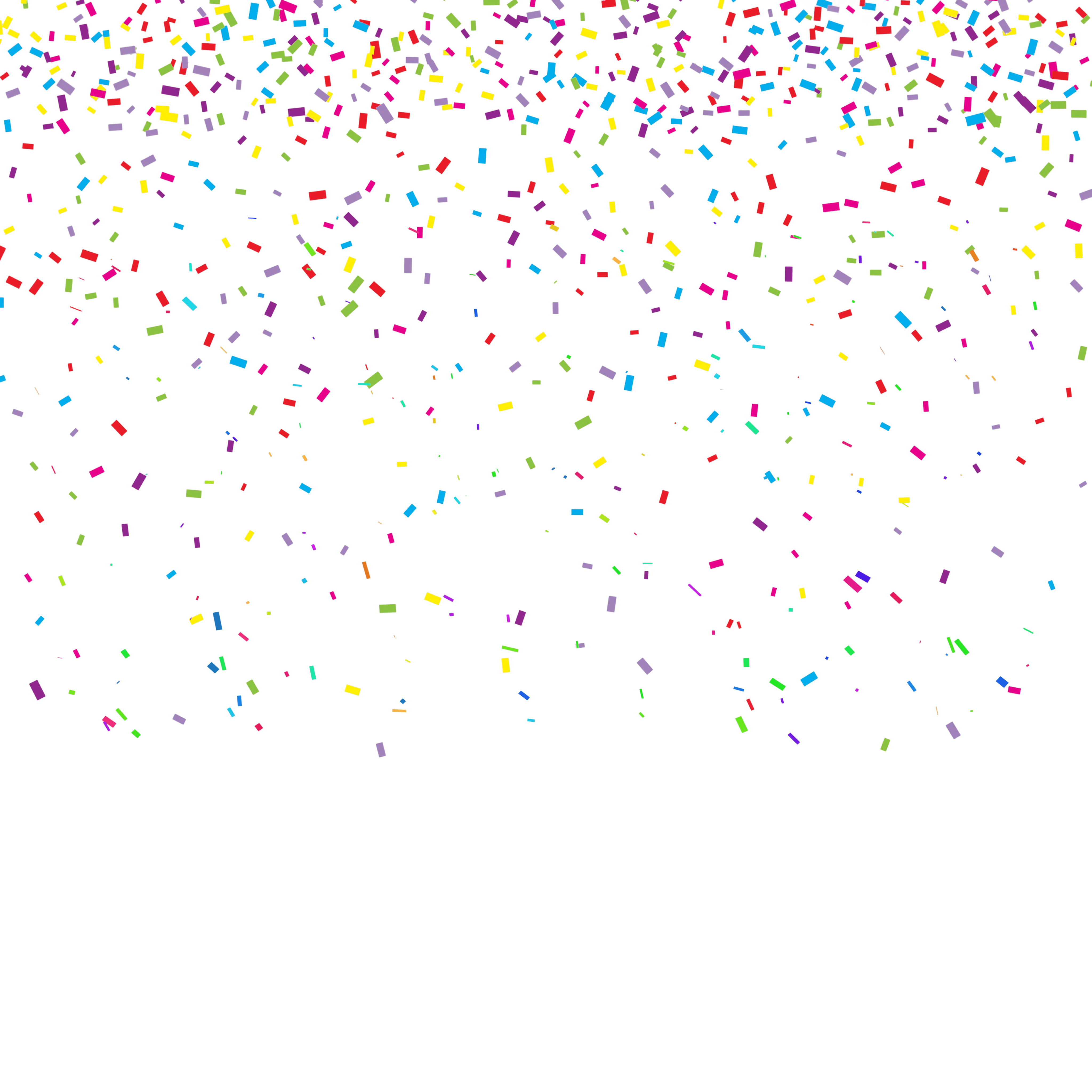 Colorful pixelated confetti cascades down from the top against a stark black background.